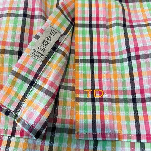 Thomas Dean Men’s Pink Plaid Contrast Cuffs Button Up Shirt Sz. 2XLT Pima Cotton - Picture 12 of 13